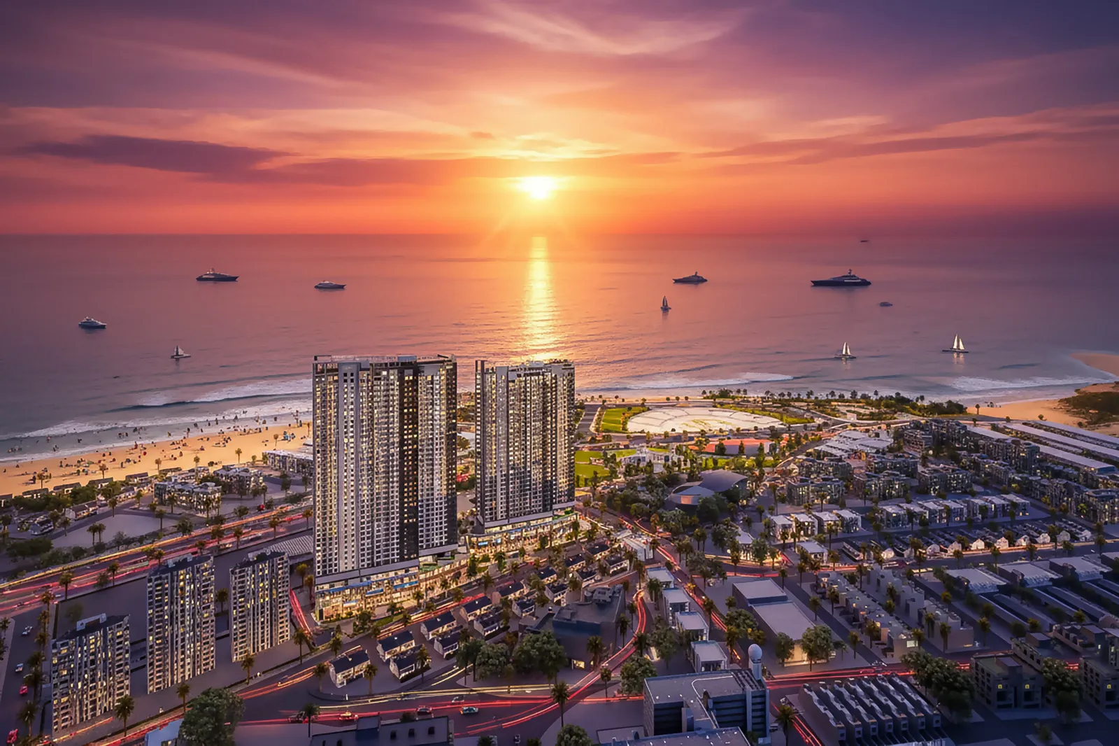 Phối cảnh dự án nhìn từ biển lúc chiều tối