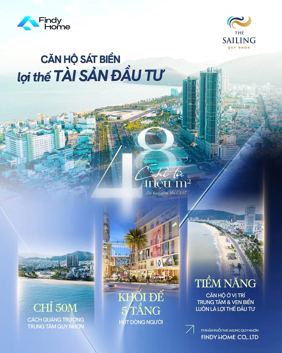 Poster The Sailing Quy Nhơn: căn hộ sát biển, cách quảng trường trung tâm 50 m, khối đế 5 tầng, giá từ 48 triệu/m² đã gồm VAT