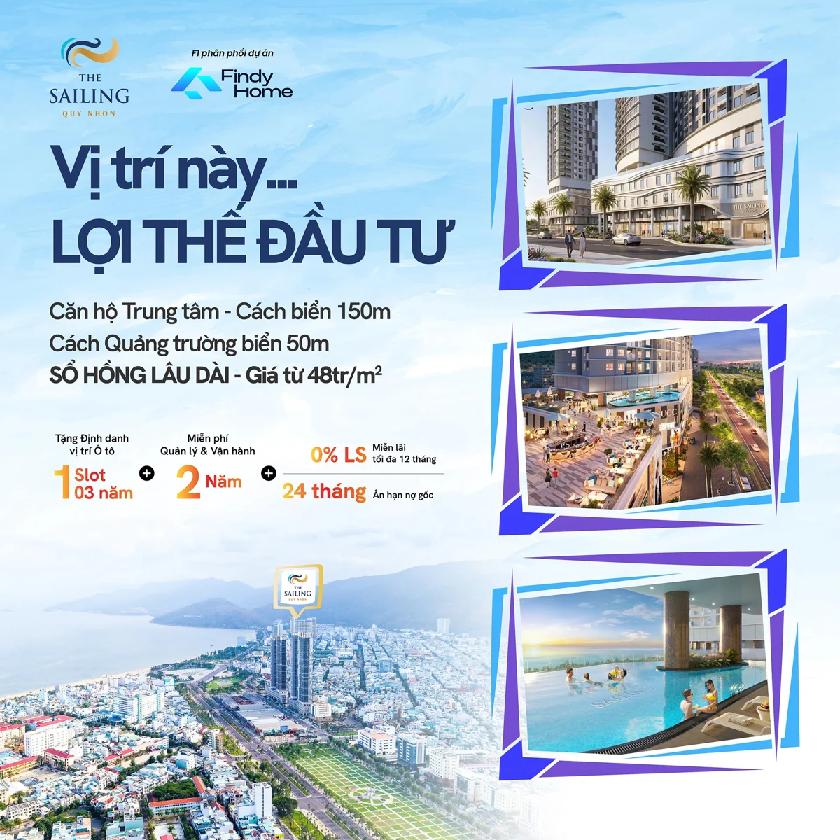 Poster vị trí The Sailing Quy Nhơn: cách biển 150 m, cách quảng trường biển 50 m, sổ hồng lâu dài, giá từ 48 triệu/m², tặng chỗ đỗ ô tô 3 năm, miễn phí quản lý 2 năm, hỗ trợ lãi suất 0% tối đa 12 tháng